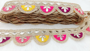 9 Yards Gold Tissue Fabric Scalloped Lace Trim, Indian Gold Foil Work Embroidery Gota Patti Sari Border Decorative Trim Craft Lace
